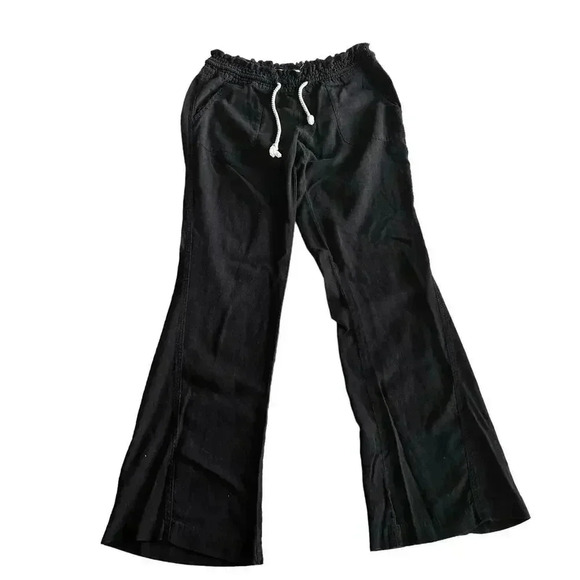 Black linen blend straight leg pants with drawstring and pockets women’s small - Picture 1 of 7